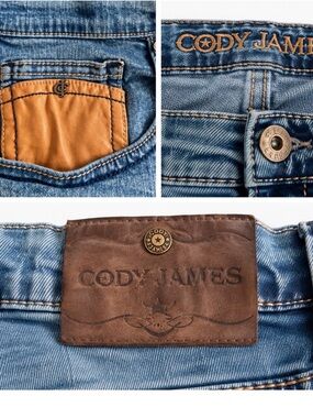 Men's Cody James Blue Denim Jeans with Brown Leather Patch size 38x32